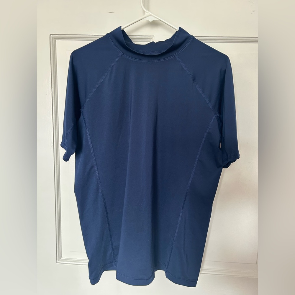 Lands’ End Women’s Swim Shirt Size XXL Dark Blue High Neck Longer Short Sleeves